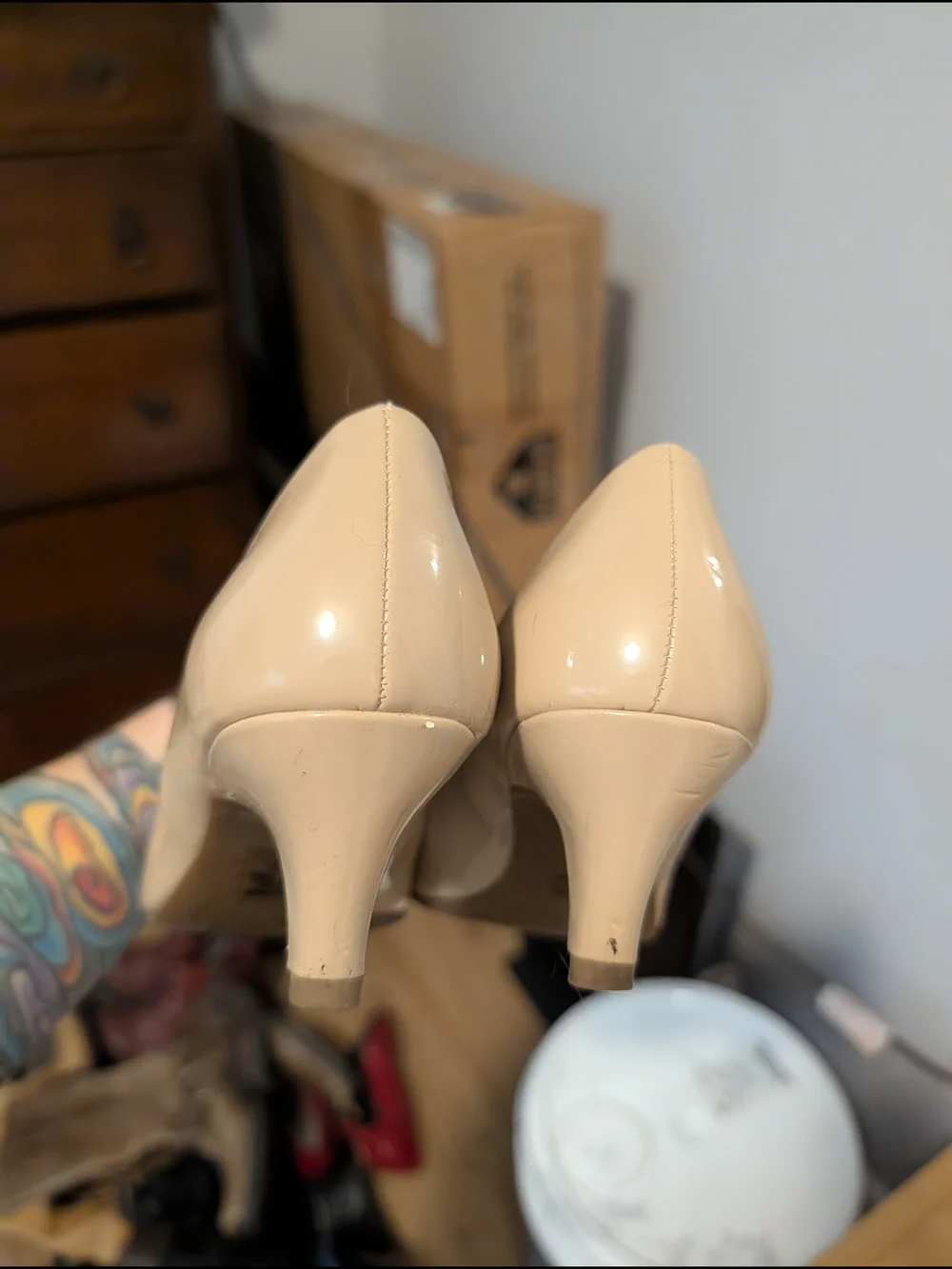 Cityclassified Beige Patent Peep-Toe Pumps